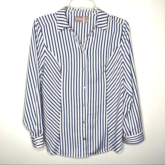 Chico's Wms Sz 0 Blue White Gold Striped Button Up Blouse Career Casual Roll Tab - Picture 1 of 11